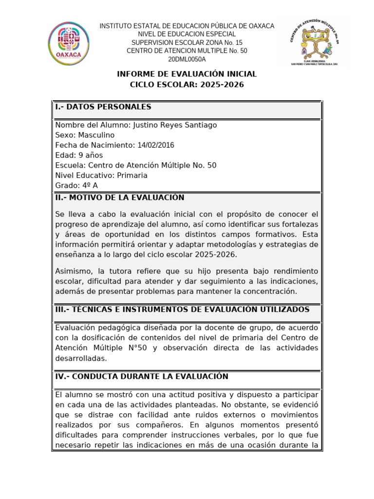 JUSTINO INFORME DE EVALUACIÓN INICIAL 2025 | PDF | Evaluación ...