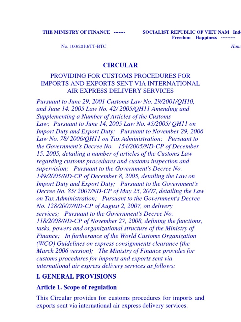 Circular: Providing For Customs Procedures For Imports and Exports Sent ...