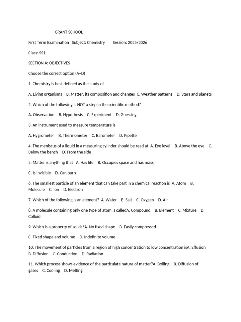 Chemistry Exam Questions for SS1/SS2 | PDF | Alkene | Gases
