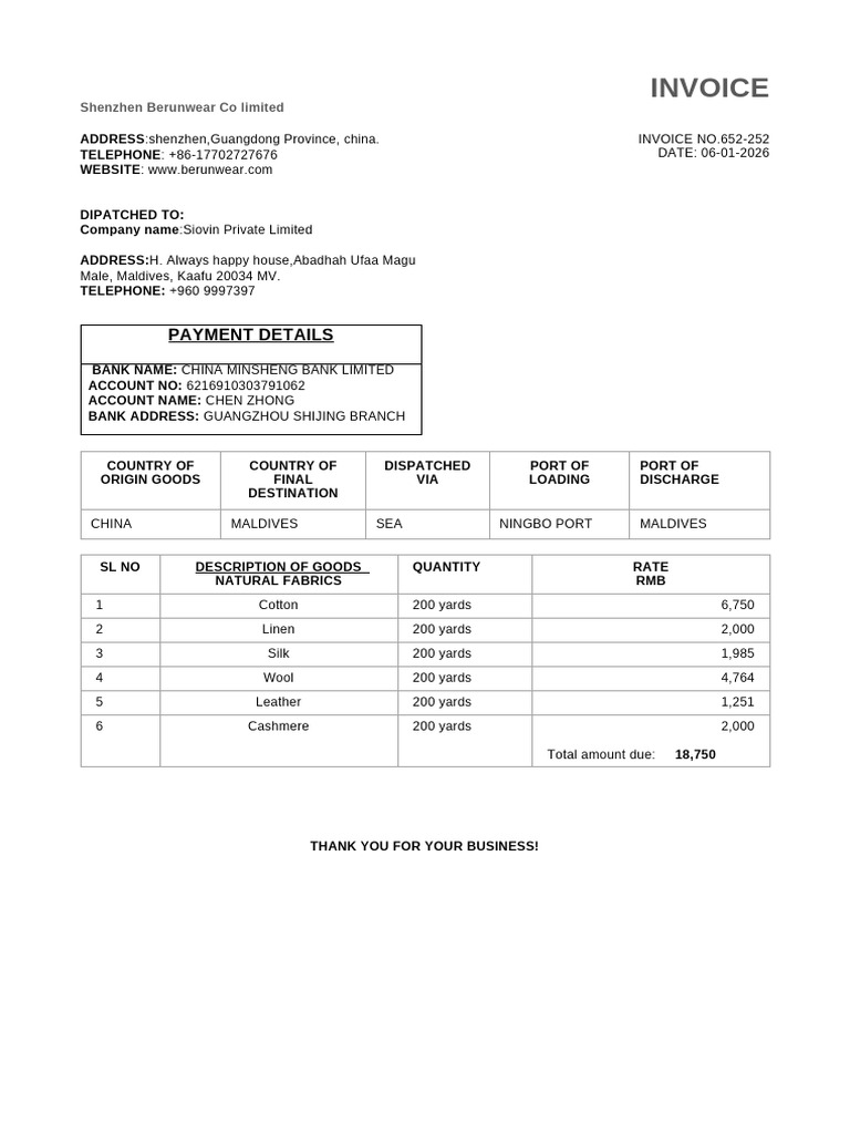 Invoice for Natural Fabrics Shipment | PDF