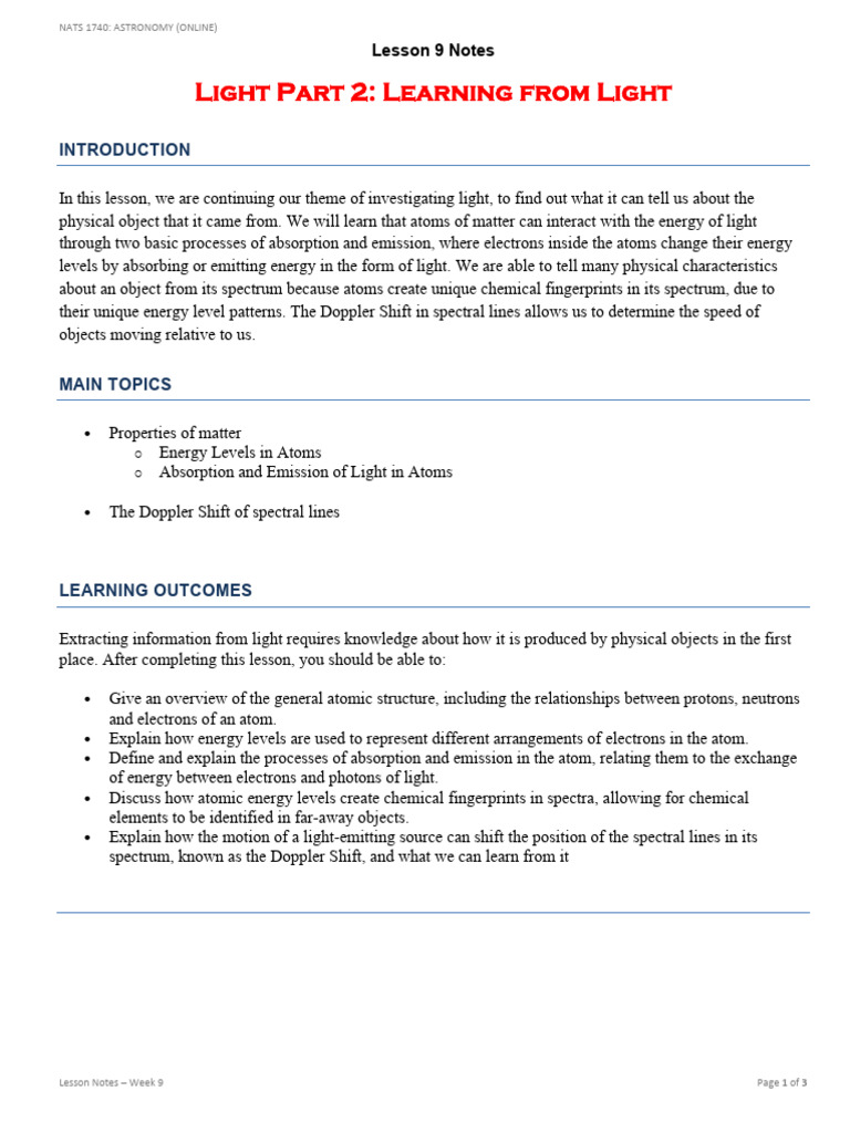 Lesson Notes - Week 09 | PDF | Spectral Line | Atoms
