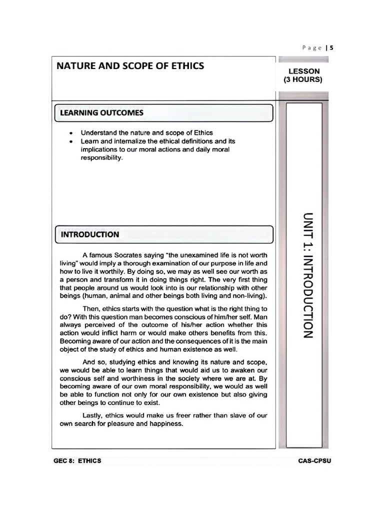 Unit 1 Lesson 1. Nature and Scope of Ethics | PDF