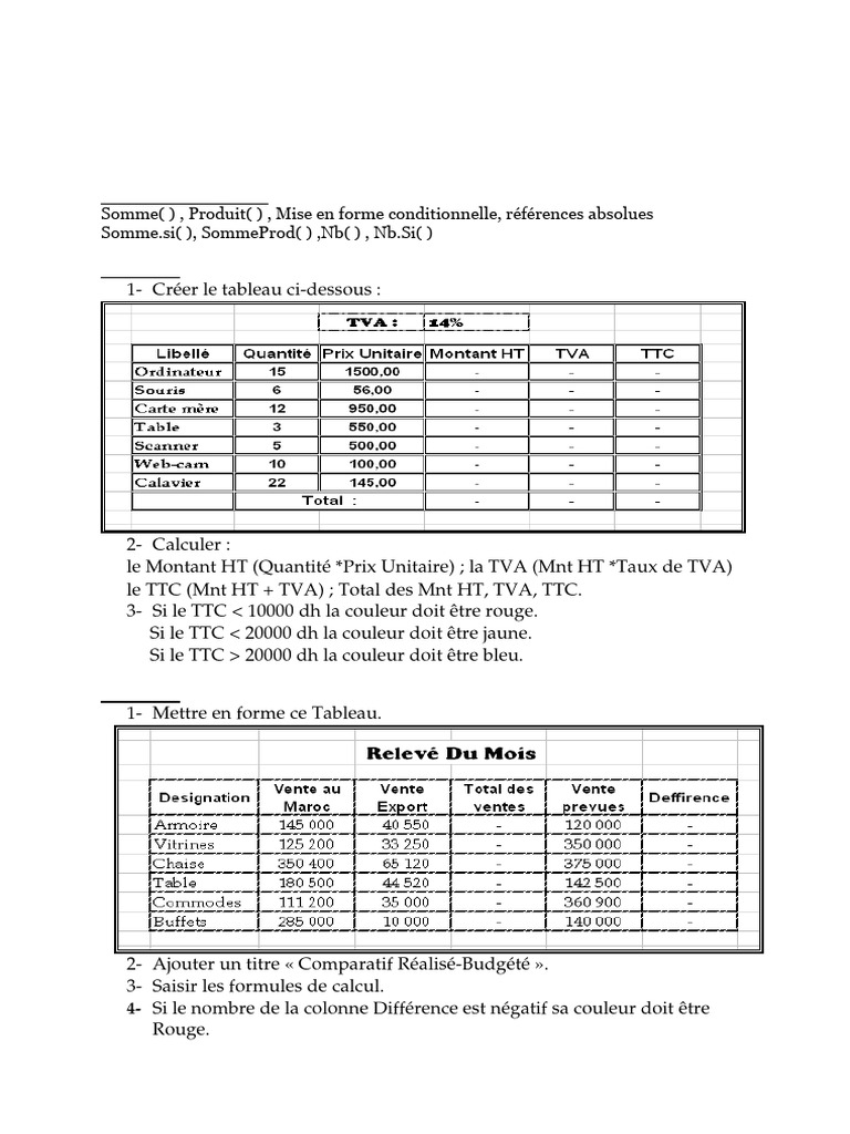 TP Informatique : Fonctions Excel et Tableaux | PDF