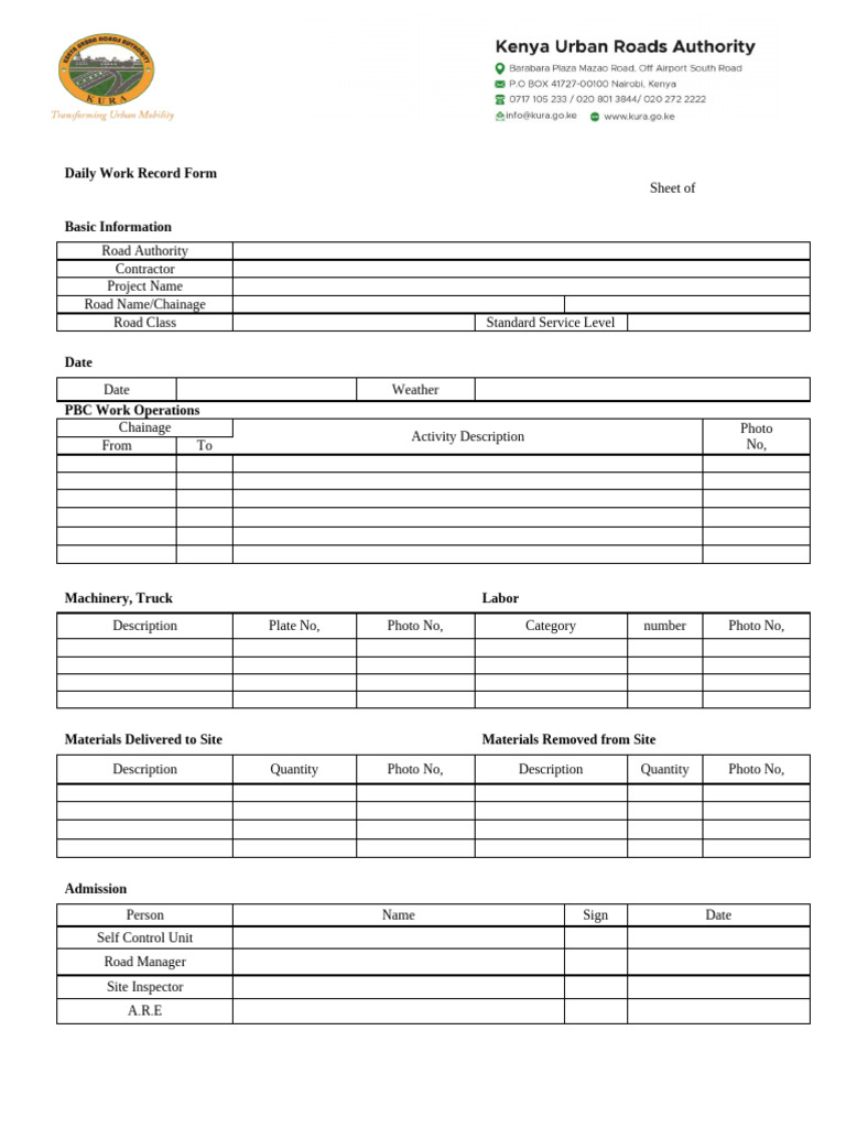 Daily Work Record Form for Road Projects | PDF