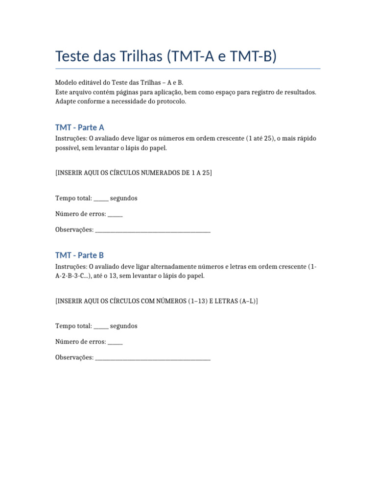 Teste das Trilhas: Modelo A e B | PDF
