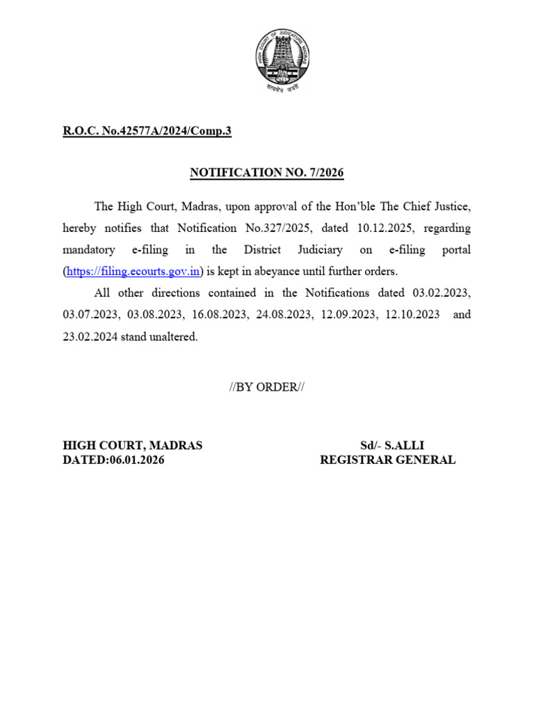 Madras High Court E-filing Notification Update | PDF