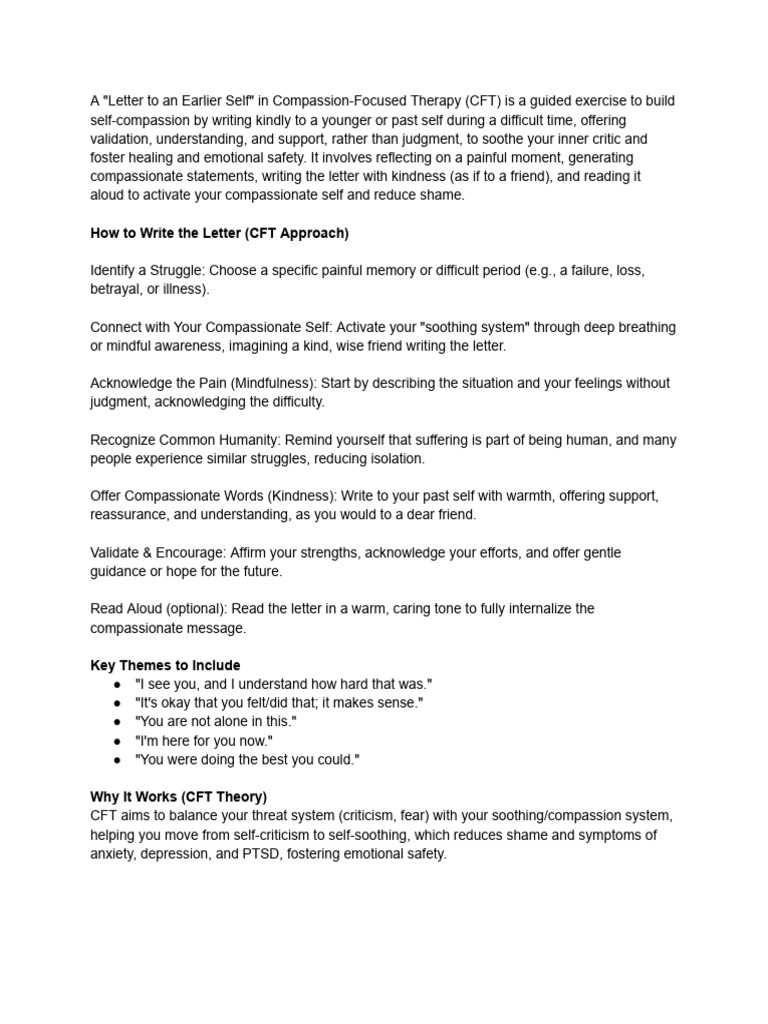 A _Letter to an Earlier Self_ in Compassion-Focused Therapy (CFT) is a ...