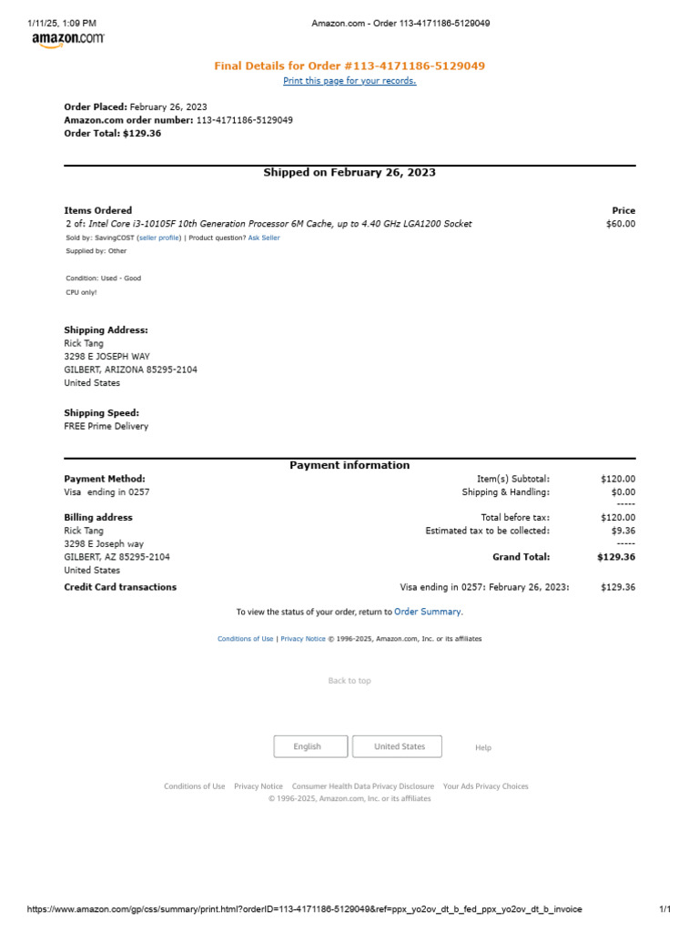 Amazon Order Summary for CPU Purchase | PDF | Central Processing Unit ...