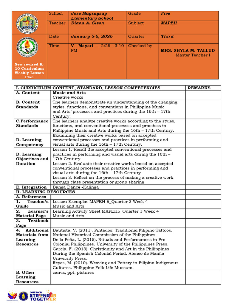 Music and Arts Day 1-2 Week 8 January 5-6 | PDF | Philippines | Curriculum