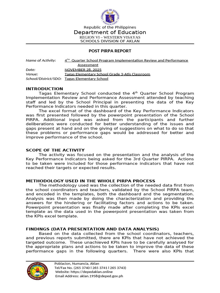 TES POST PIRPA Report | PDF | Performance Indicator | Learning