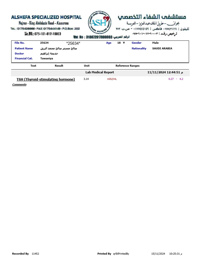 Lab Report: TSH Levels for Patient 25634 | PDF