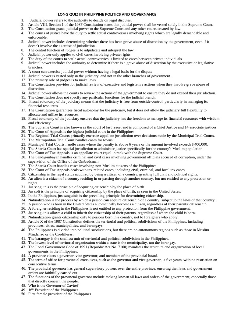 Philippine Politics and Governance Quiz | PDF | Judiciaries | Citizenship