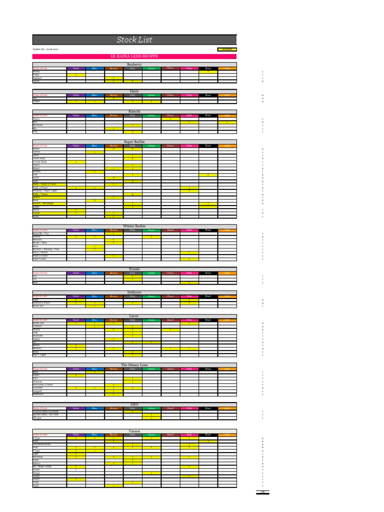 Comprehensive Stock List of Colored Lenses | PDF