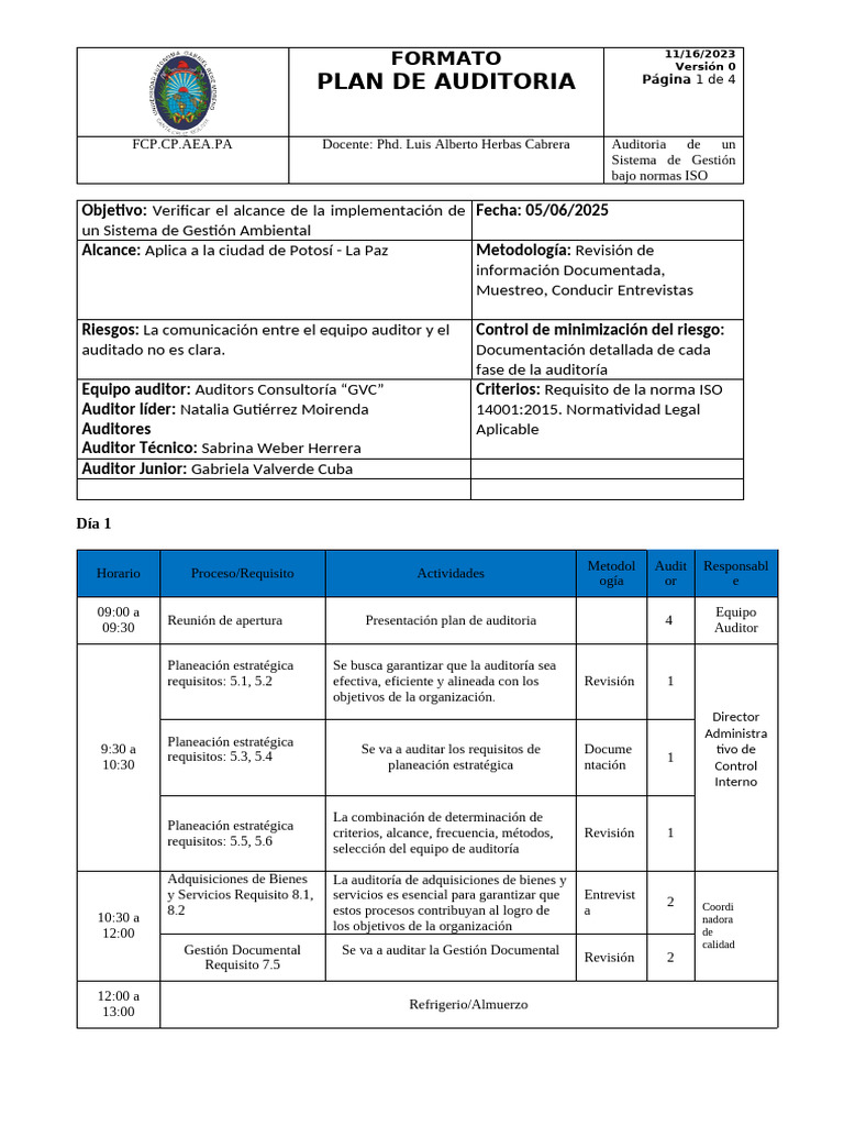 Plan de Auditoría ISO 14001:2025 | PDF | Auditoría | Contralor