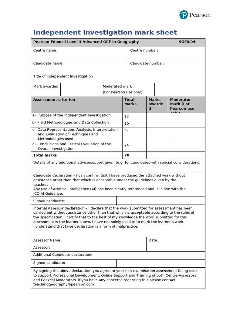 Edexcel Geography Independent Investigation Mark Sheet | PDF ...