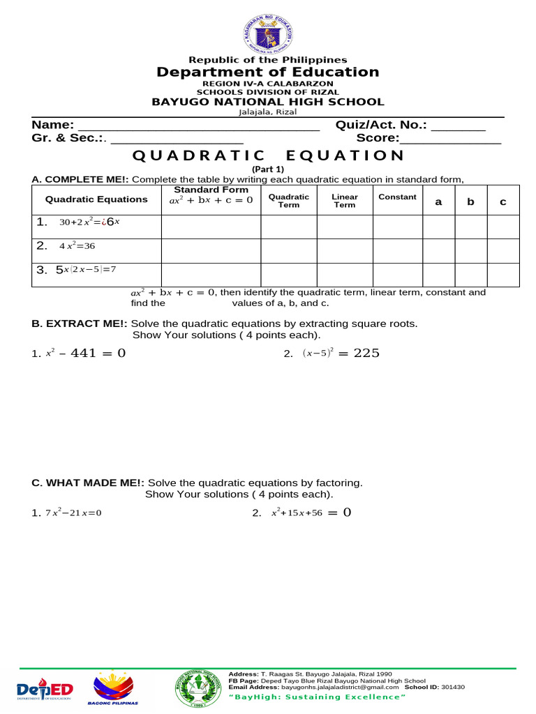 Quadratic Equations Quiz for Students | PDF