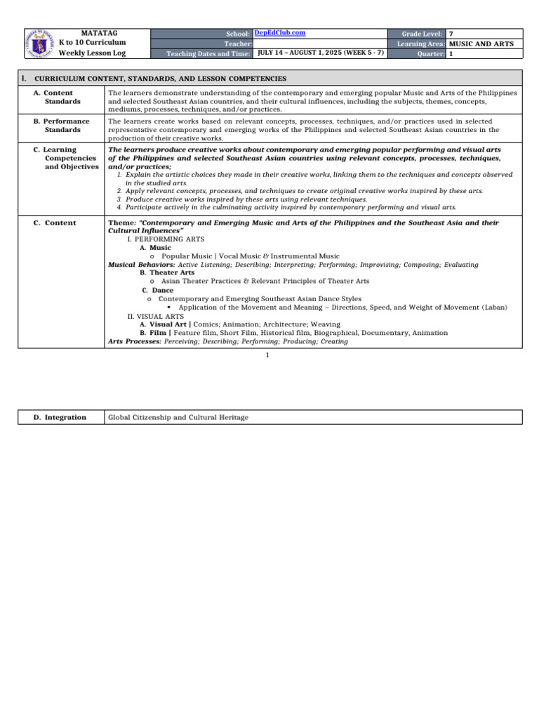 Weekly Lesson Log: Music & Arts Grade 7 | PDF | Film Director | Essays