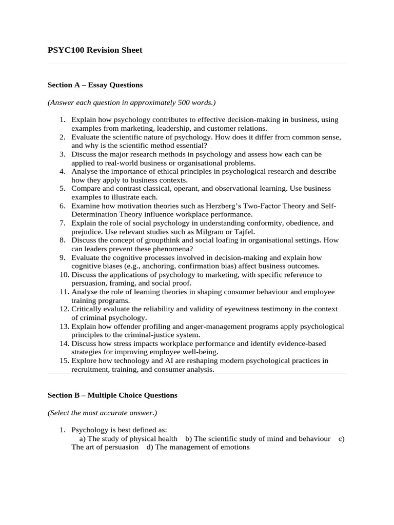 PSYC100 Revision Sheet | PDF | Psychology | Cognition