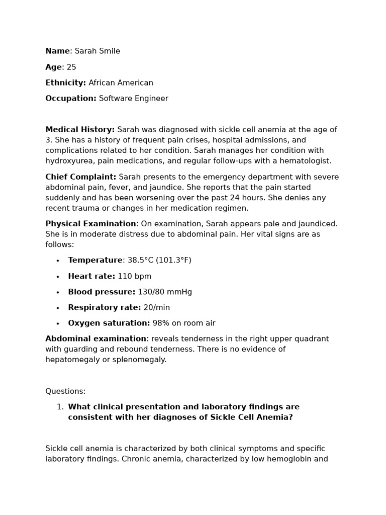 Sickle Cell Anemia Case Study and Management | PDF | Anemia | Clinical ...