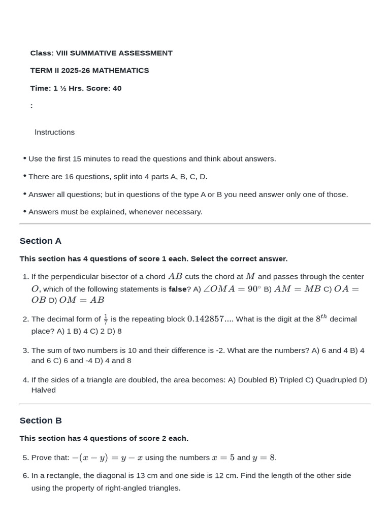 Class VIII Term II Math Assessment 2025-26 | PDF | Area | Triangle