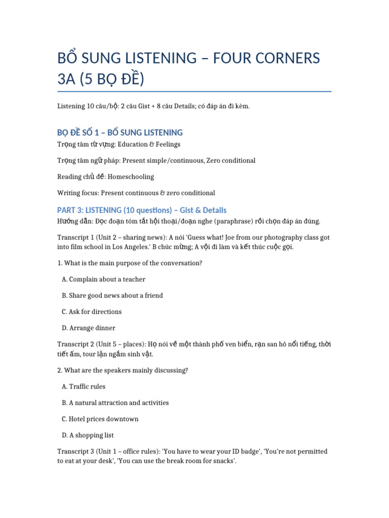 Bo de Four Corners 3A LISTENING Bo Sung | PDF