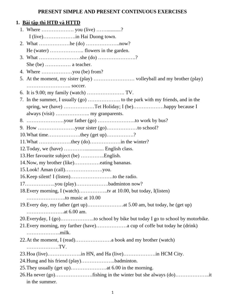 Present Simple & Continuous Exercises | PDF