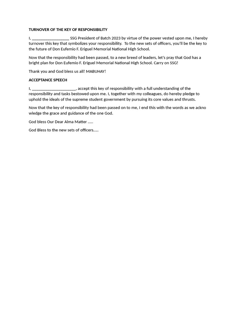Key of Responsibility Turnover Ceremony | PDF