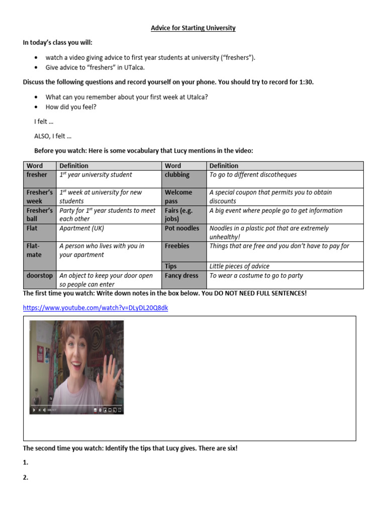 Unit 1 Class 2-1 Advice For Starting University1 | PDF | Linguistic ...