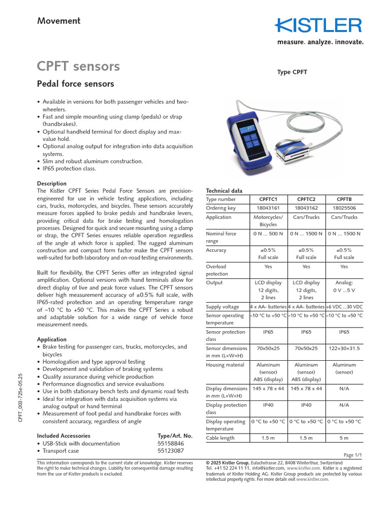 Kistler CPFT Pedal Force Sensors Overview | PDF | Sensor | Anti Lock ...
