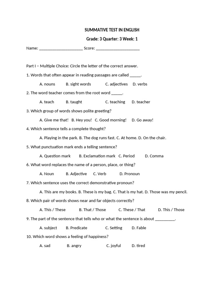 Grade 3 English Summative Test | PDF | Subject (Grammar) | Sentence ...