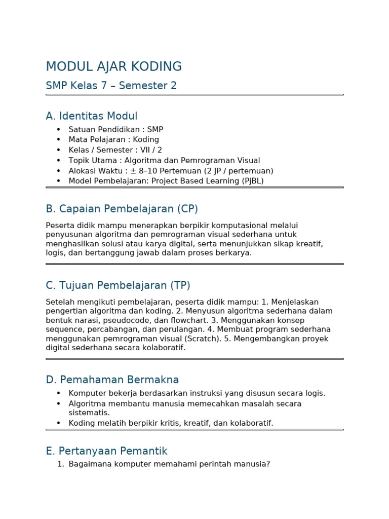 Modul Ajar Koding SMP Kelas 7 | PDF