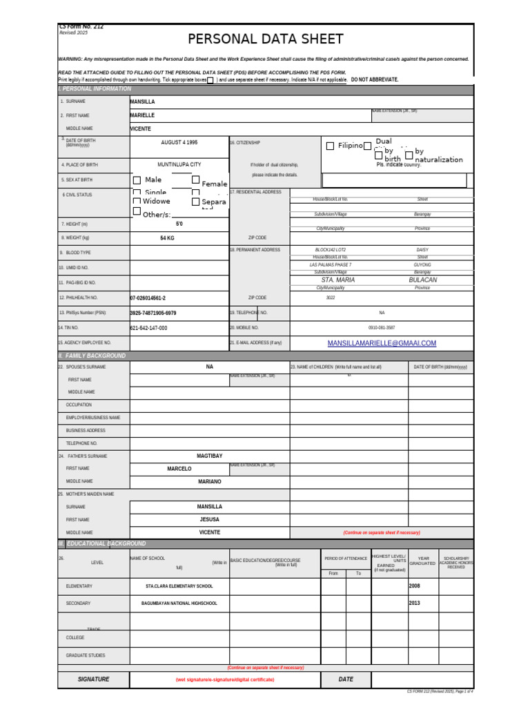 Personal Data Sheet Template 2025 | PDF
