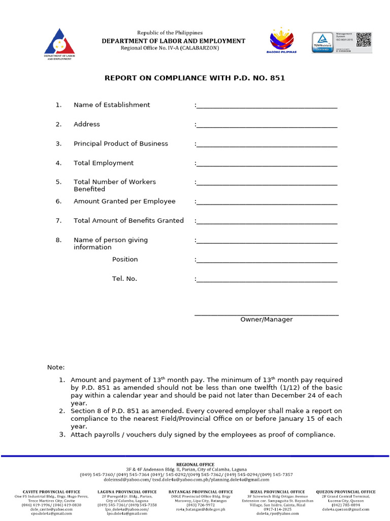 P.D. No. 851 Compliance Report Template | PDF