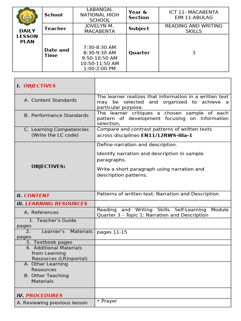Narration and Description Lesson Plan | PDF | Teachers | Learning