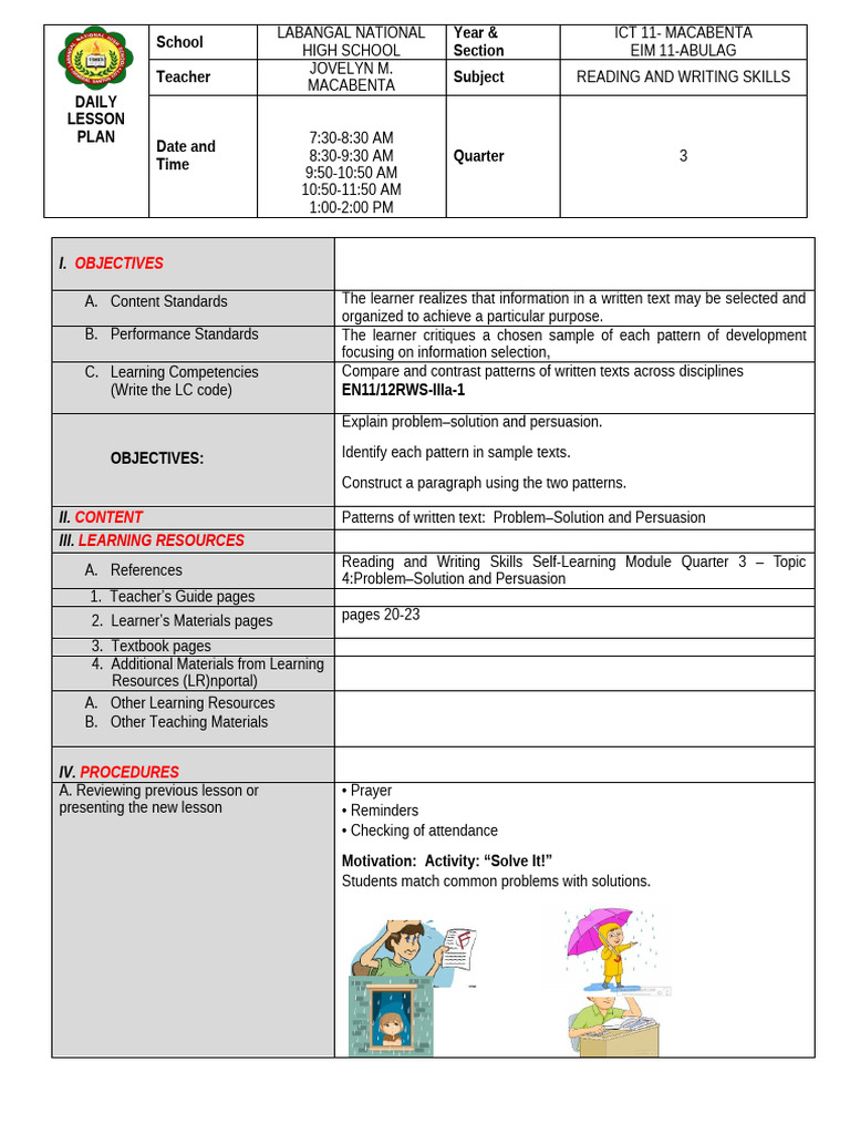 Problem-Solution and Persuasion Lesson Plan | PDF | Learning | Teachers