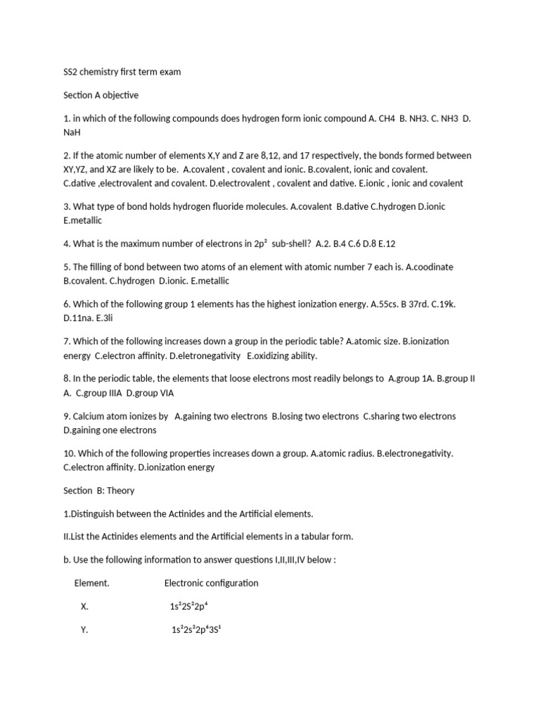 SS2 Chemistry First Term Exam Questions | PDF | Chemical Bond ...