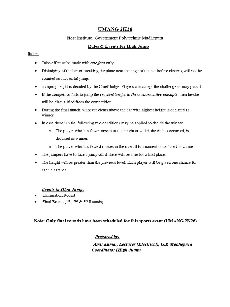High Jump Rules for UMANG 2K26 | PDF