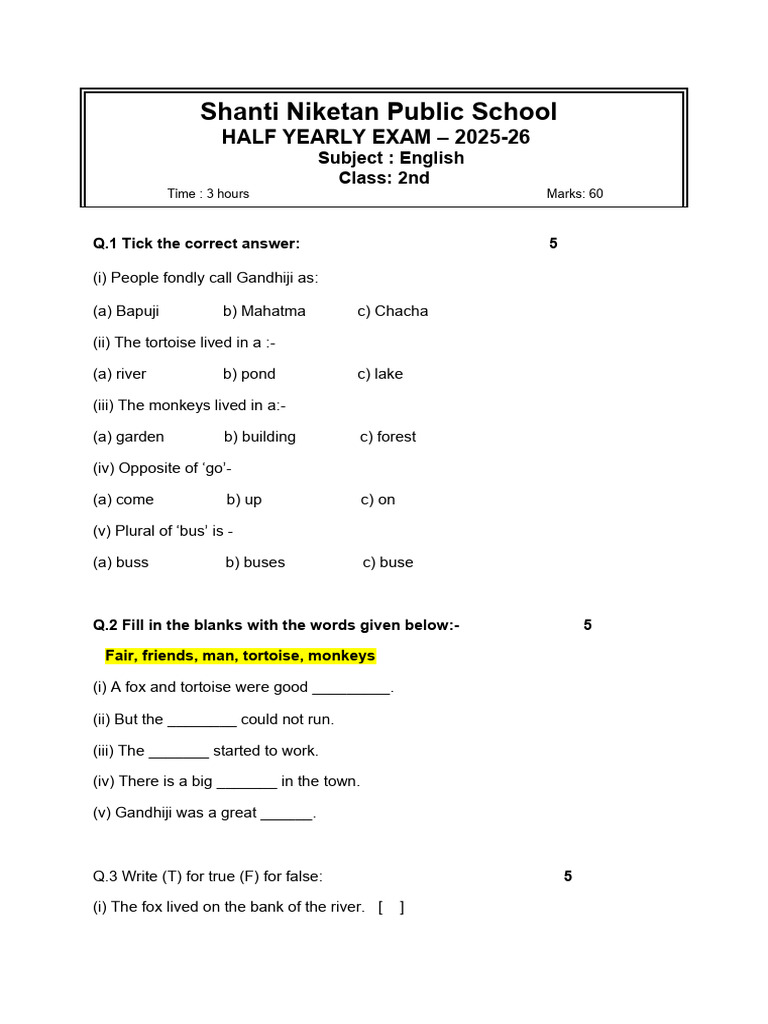Class 2 English Half Yearly Exam 2025-26 | PDF | Linguistic Typology ...