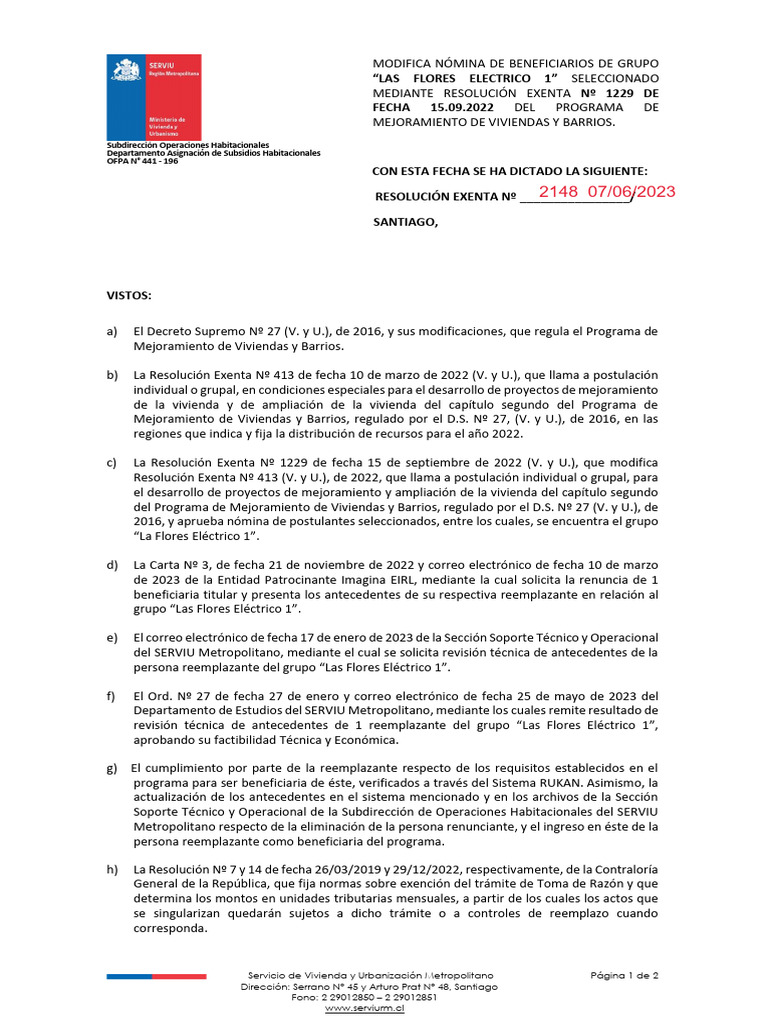 Reemplazo RES. EX. N° 2148 (Las Flores Electrico) | PDF | Gobierno