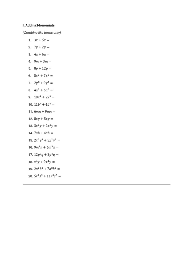 Monomial Operations: Add, Subtract, Multiply, Divide | PDF | Chess ...