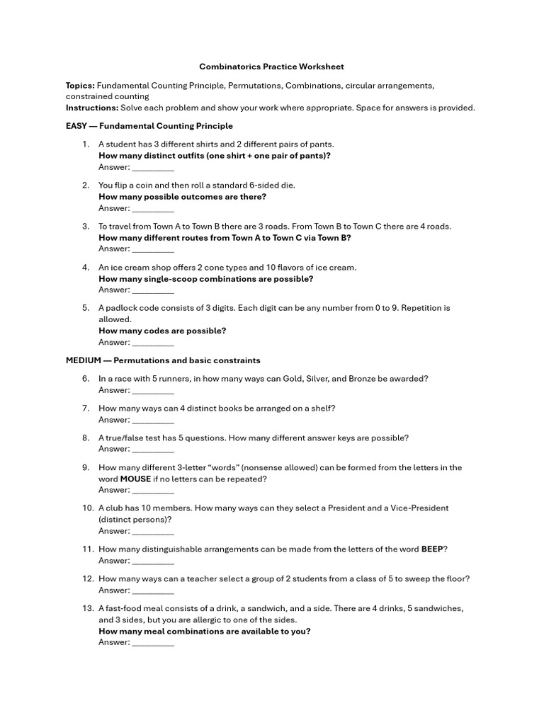 Combinatorics Practice Problems Worksheet | PDF | Permutation | Mathematics