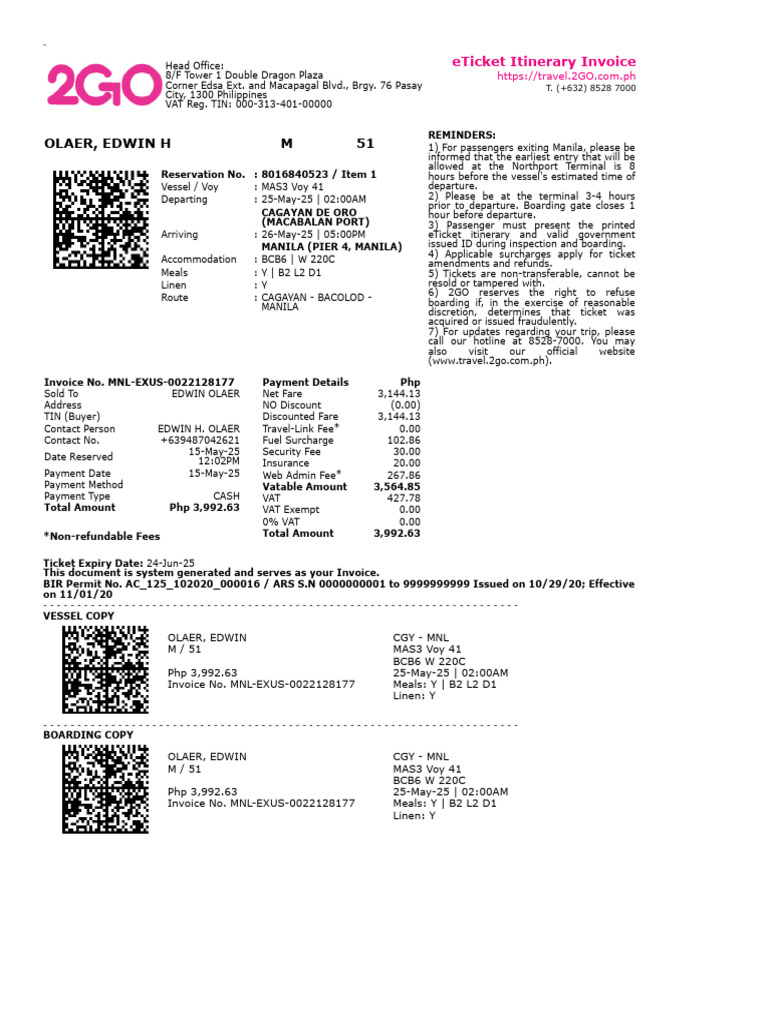 2GO Travel eTicket Itinerary Invoice | PDF | Legal Liability | Fee