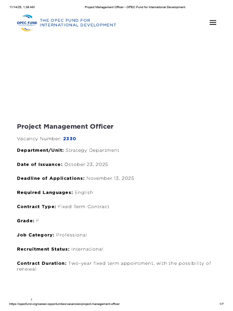 Project Management Officer Vacancy at OPEC | PDF | Project Management ...