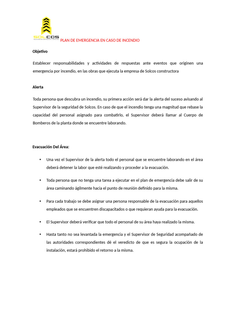Plan de Emergencia en Caso de Incendio | PDF | Bombero | Defensa Civil