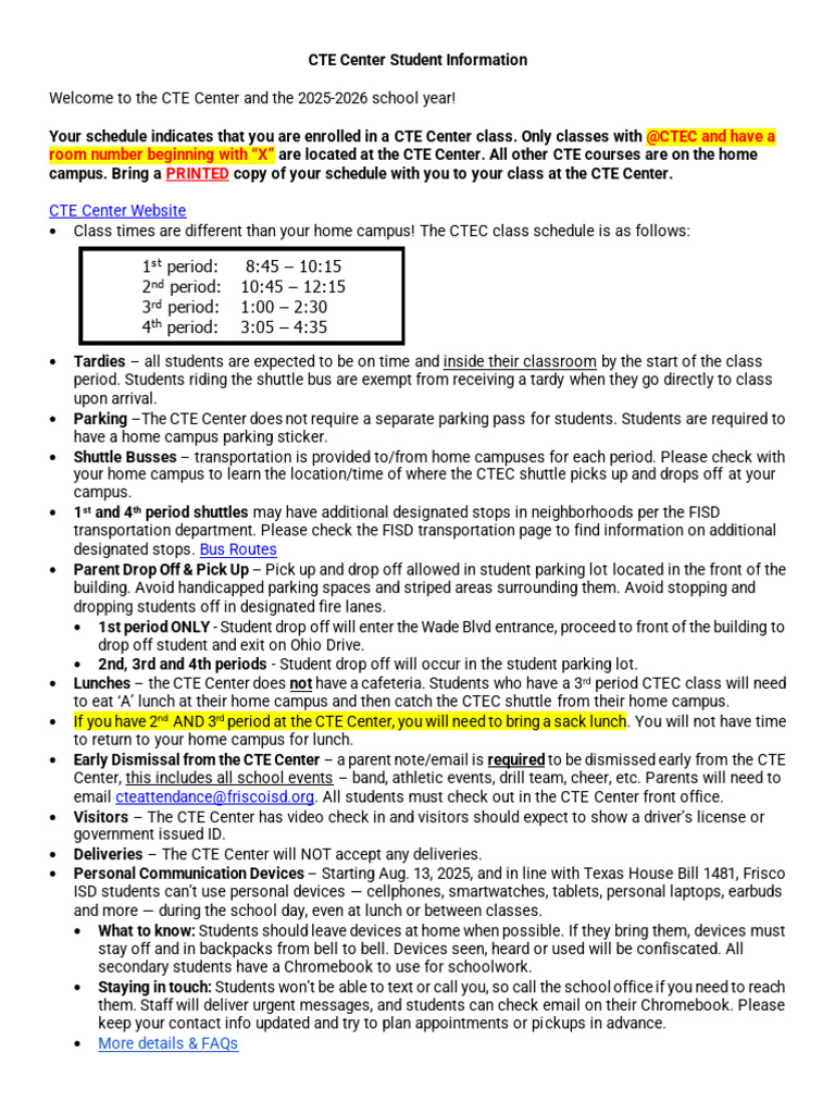 CTE Center Student Guidelines 2025-2026 | PDF | Transport