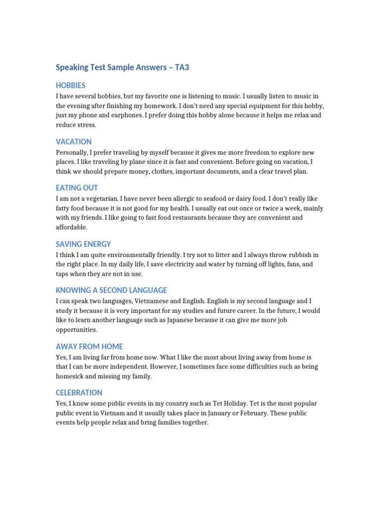 Speaking TA3 Full Speaking Answers | PDF