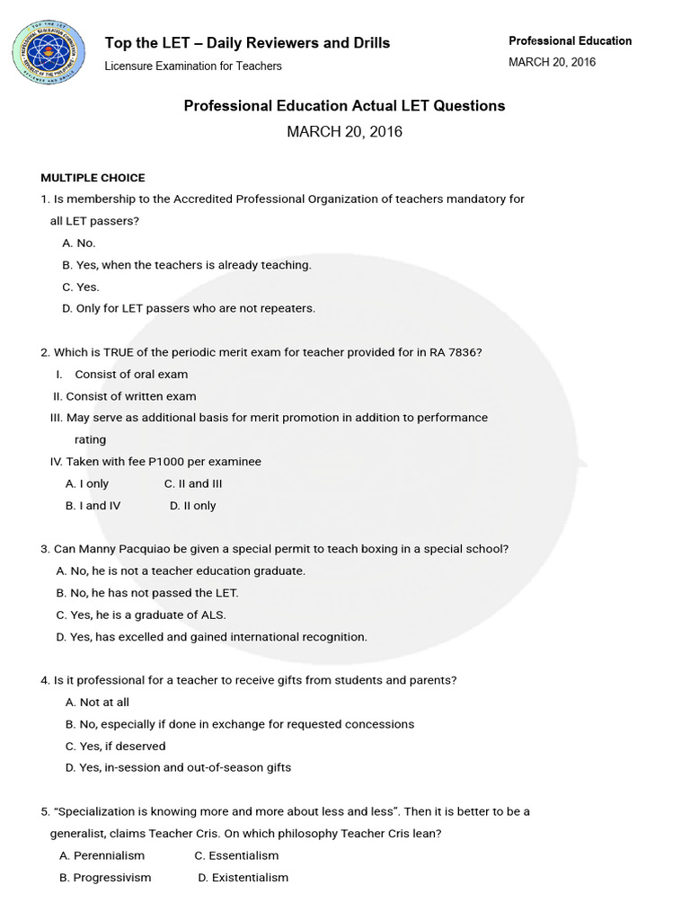 LET Review Questions for Teachers | PDF | Learning | Educational Assessment