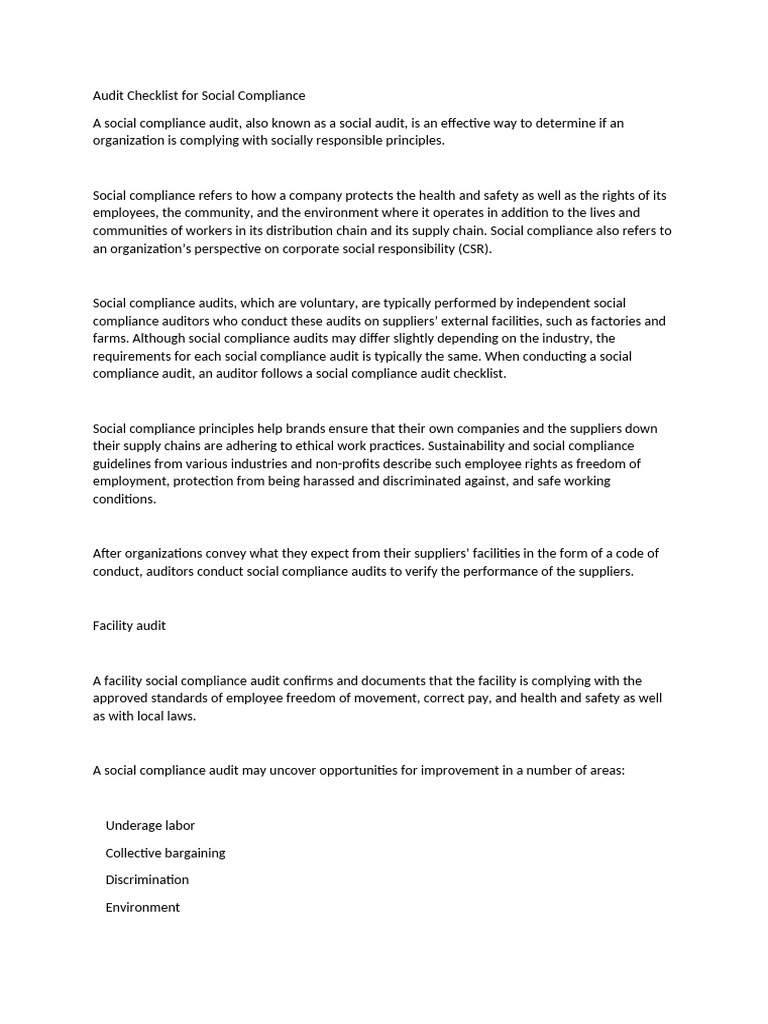 Social Compliance Audit Checklist Guide | PDF | Audit | Employment