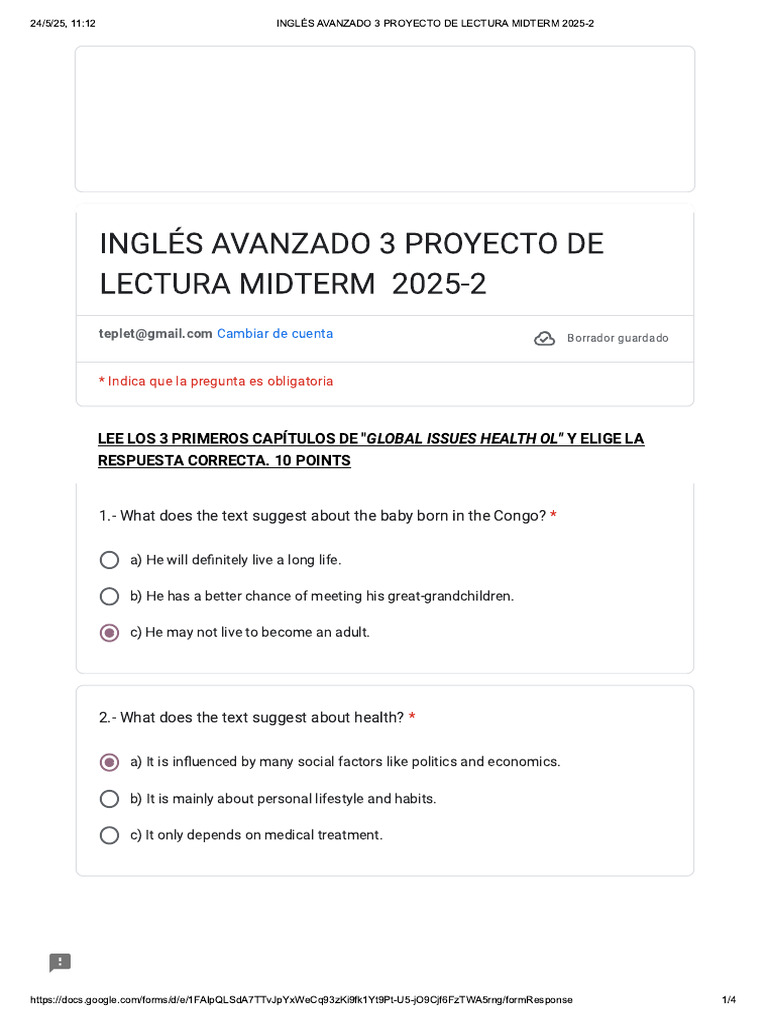 Inglés Avanzado 3 Proyecto de Lectura Midterm 2025-2 | PDF