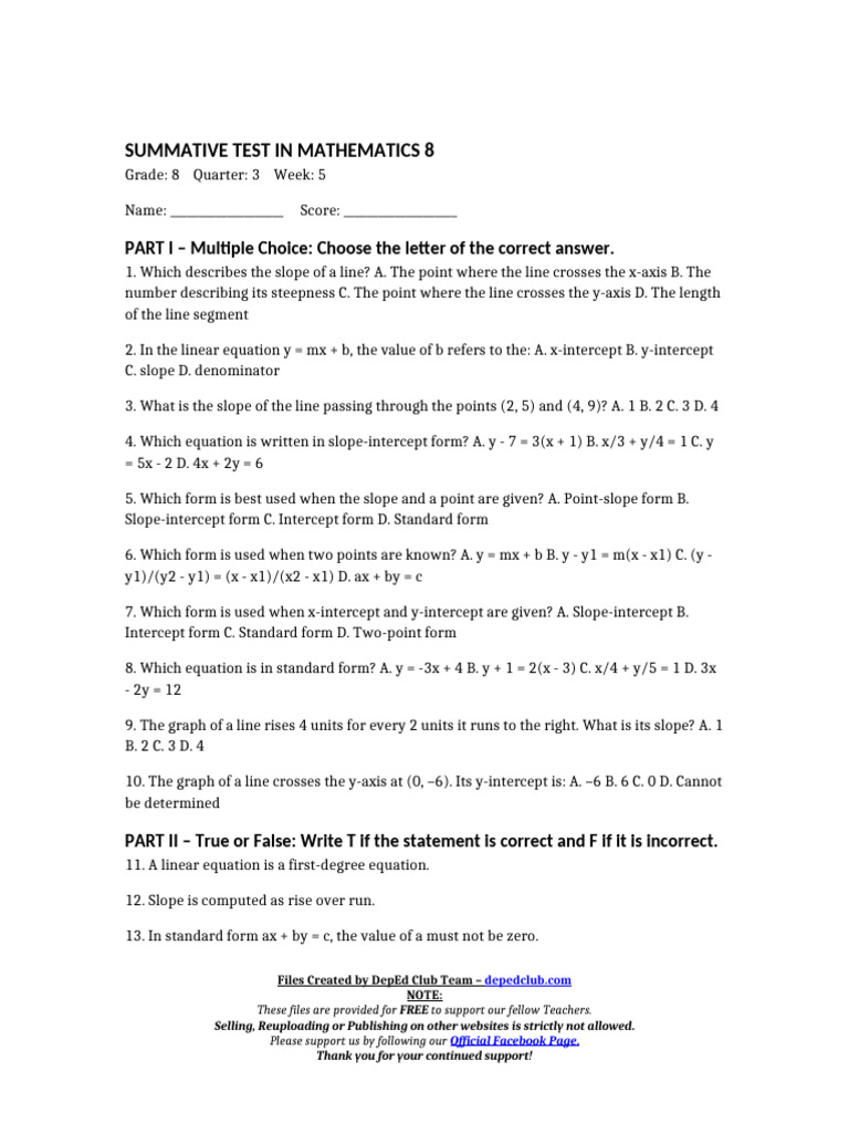 Mathematics 8 Summative Test Guide | PDF | Slope | Mathematical Objects